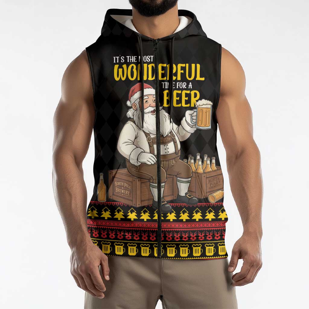 Funny Santa Claus Sleeveless Zip Hoodie It's The Most Wonderful Time For A Beer - Wonder Print Shop