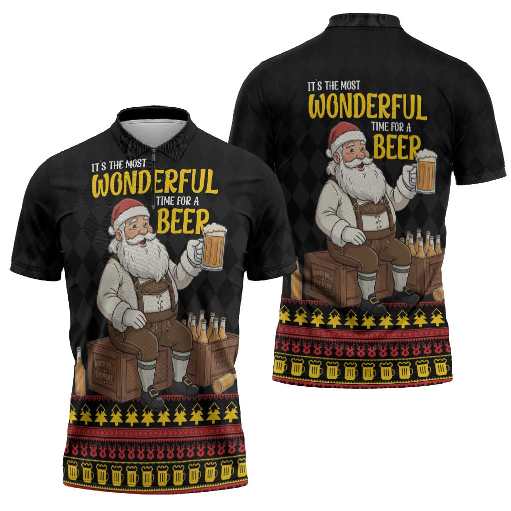 Funny Santa Claus Zipper Polo Shirt It's The Most Wonderful Time For A Beer - Wonder Print Shop