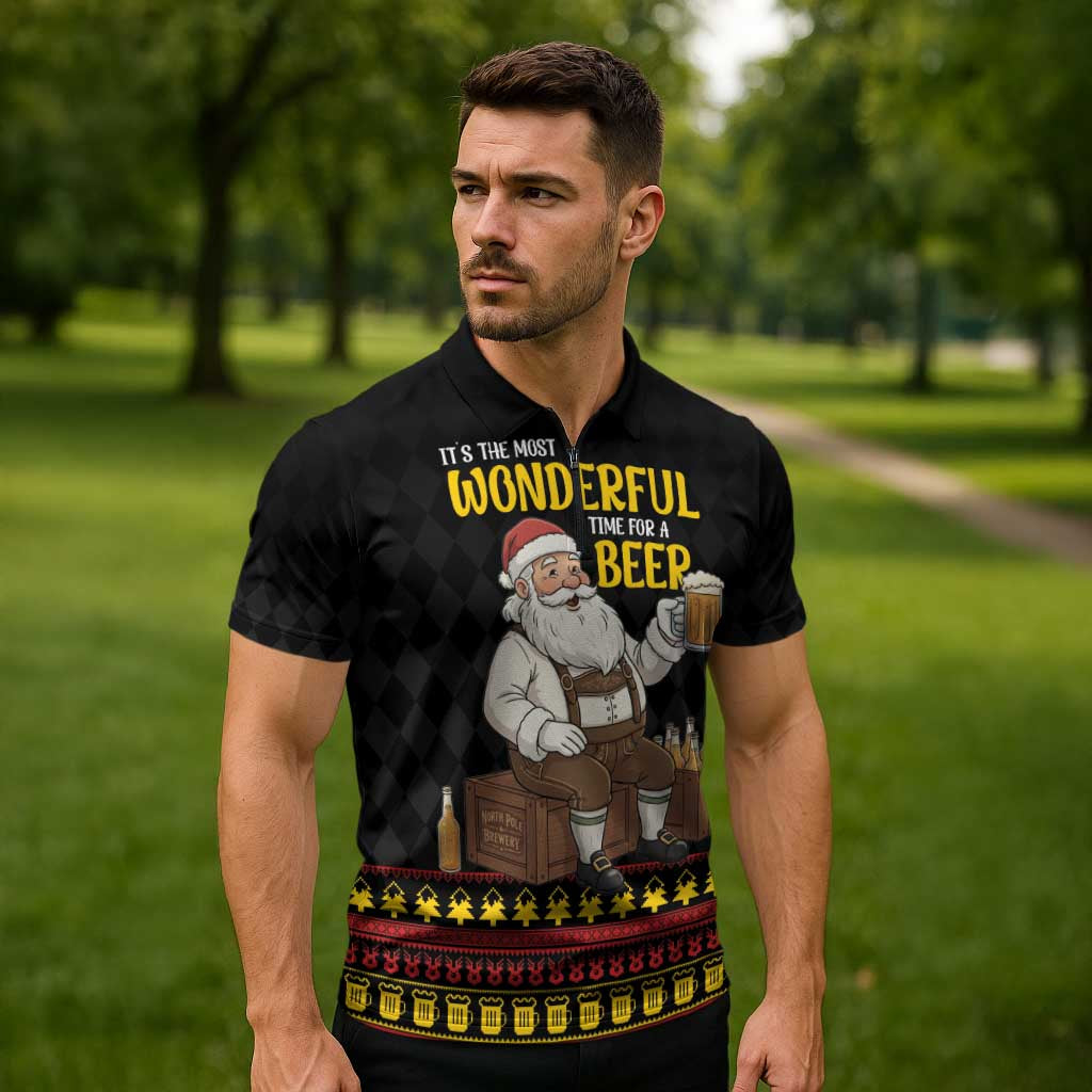 Funny Santa Claus Zipper Polo Shirt It's The Most Wonderful Time For A Beer - Wonder Print Shop