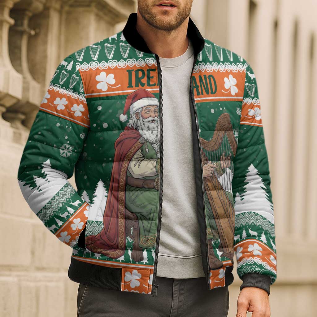 Ireland Christmas Personalized Bomber Puffer Jacket Daidi na Nollag With Irish Harp - Wonder Print Shop