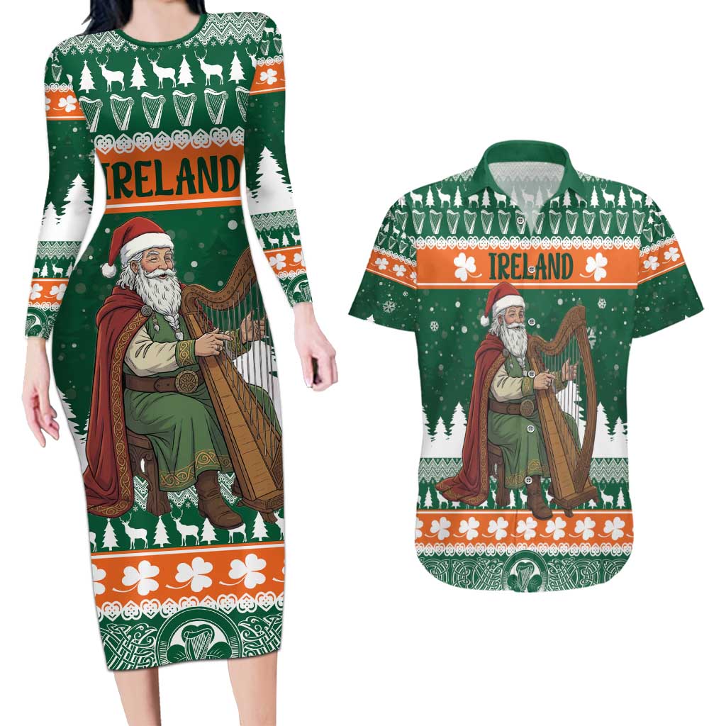 Ireland Christmas Personalized Couples Matching Long Sleeve Bodycon Dress and Hawaiian Shirt Daidi na Nollag With Irish Harp - Wonder Print Shop