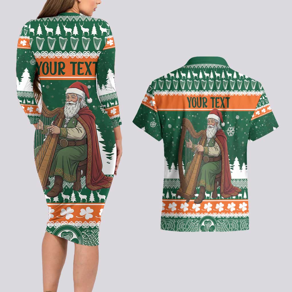 Ireland Christmas Personalized Couples Matching Long Sleeve Bodycon Dress and Hawaiian Shirt Daidi na Nollag With Irish Harp - Wonder Print Shop