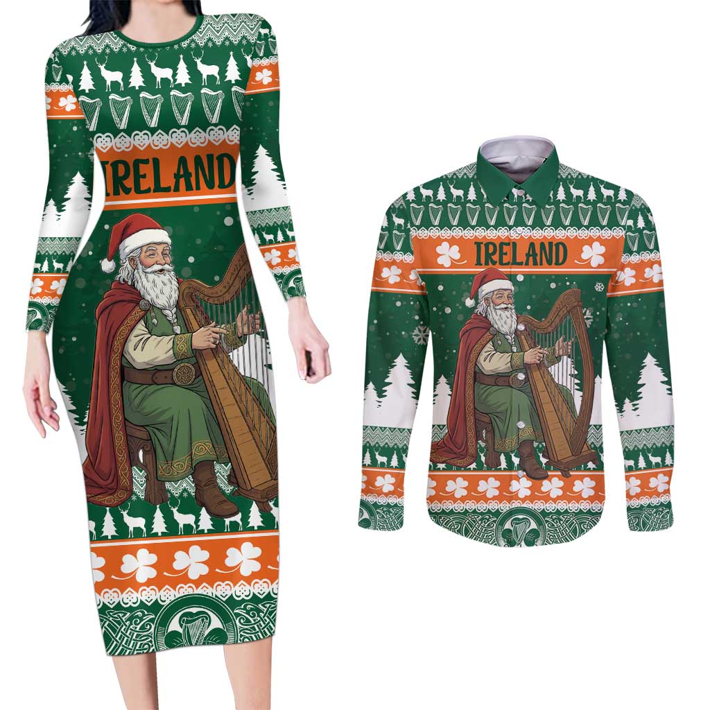 Ireland Christmas Personalized Couples Matching Long Sleeve Bodycon Dress and Long Sleeve Button Shirt Daidi na Nollag With Irish Harp - Wonder Print Shop