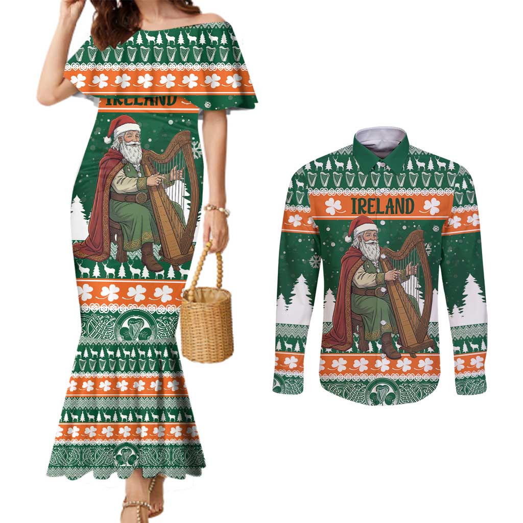 Ireland Christmas Personalized Couples Matching Mermaid Dress and Long Sleeve Button Shirt Daidi na Nollag With Irish Harp - Wonder Print Shop