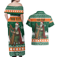 Ireland Christmas Personalized Couples Matching Off Shoulder Maxi Dress and Hawaiian Shirt Daidi na Nollag With Irish Harp - Wonder Print Shop