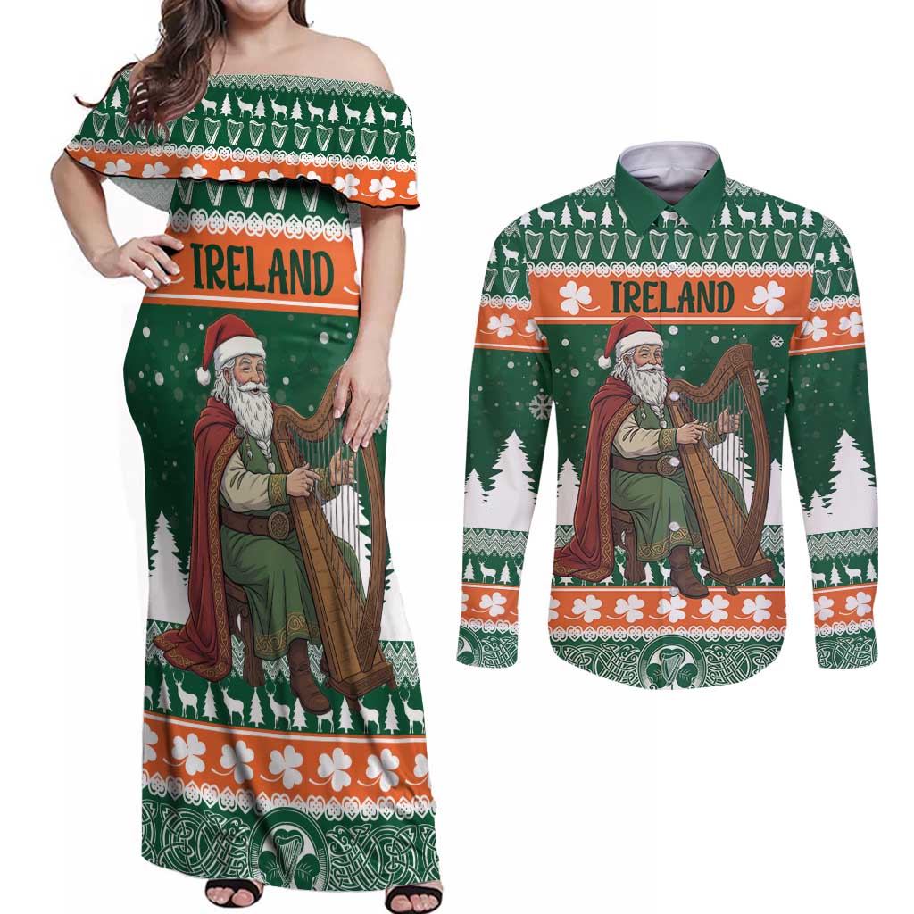 Ireland Christmas Personalized Couples Matching Off Shoulder Maxi Dress and Long Sleeve Button Shirt Daidi na Nollag With Irish Harp - Wonder Print Shop