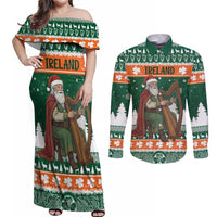 Ireland Christmas Personalized Couples Matching Off Shoulder Maxi Dress and Long Sleeve Button Shirt Daidi na Nollag With Irish Harp - Wonder Print Shop