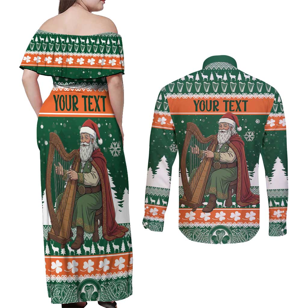 Ireland Christmas Personalized Couples Matching Off Shoulder Maxi Dress and Long Sleeve Button Shirt Daidi na Nollag With Irish Harp - Wonder Print Shop