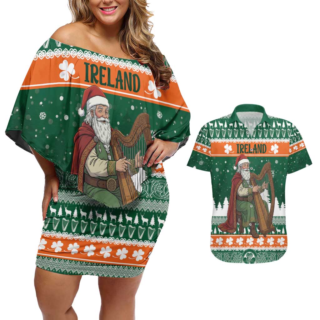 Ireland Christmas Personalized Couples Matching Off Shoulder Short Dress and Hawaiian Shirt Daidi na Nollag With Irish Harp - Wonder Print Shop
