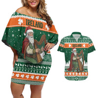 Ireland Christmas Personalized Couples Matching Off Shoulder Short Dress and Hawaiian Shirt Daidi na Nollag With Irish Harp - Wonder Print Shop
