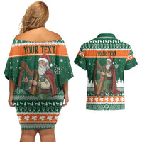 Ireland Christmas Personalized Couples Matching Off Shoulder Short Dress and Hawaiian Shirt Daidi na Nollag With Irish Harp - Wonder Print Shop