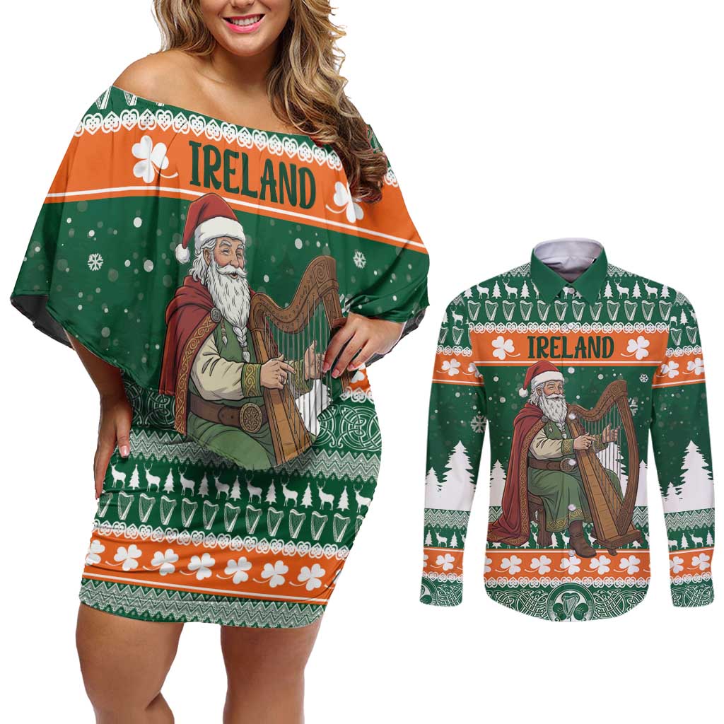 Ireland Christmas Personalized Couples Matching Off Shoulder Short Dress and Long Sleeve Button Shirt Daidi na Nollag With Irish Harp - Wonder Print Shop