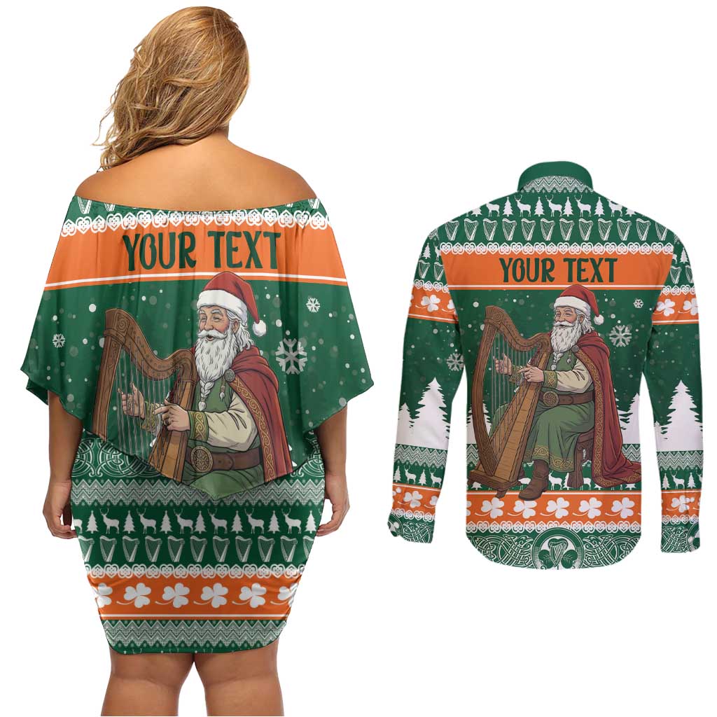Ireland Christmas Personalized Couples Matching Off Shoulder Short Dress and Long Sleeve Button Shirt Daidi na Nollag With Irish Harp - Wonder Print Shop