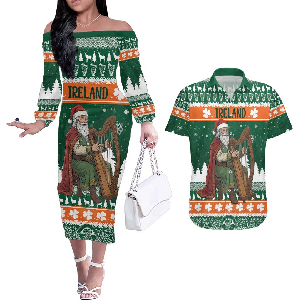Ireland Christmas Personalized Couples Matching Off The Shoulder Long Sleeve Dress and Hawaiian Shirt Daidi na Nollag With Irish Harp - Wonder Print Shop
