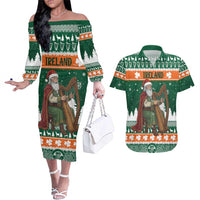 Ireland Christmas Personalized Couples Matching Off The Shoulder Long Sleeve Dress and Hawaiian Shirt Daidi na Nollag With Irish Harp - Wonder Print Shop