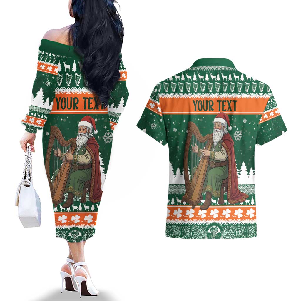 Ireland Christmas Personalized Couples Matching Off The Shoulder Long Sleeve Dress and Hawaiian Shirt Daidi na Nollag With Irish Harp - Wonder Print Shop