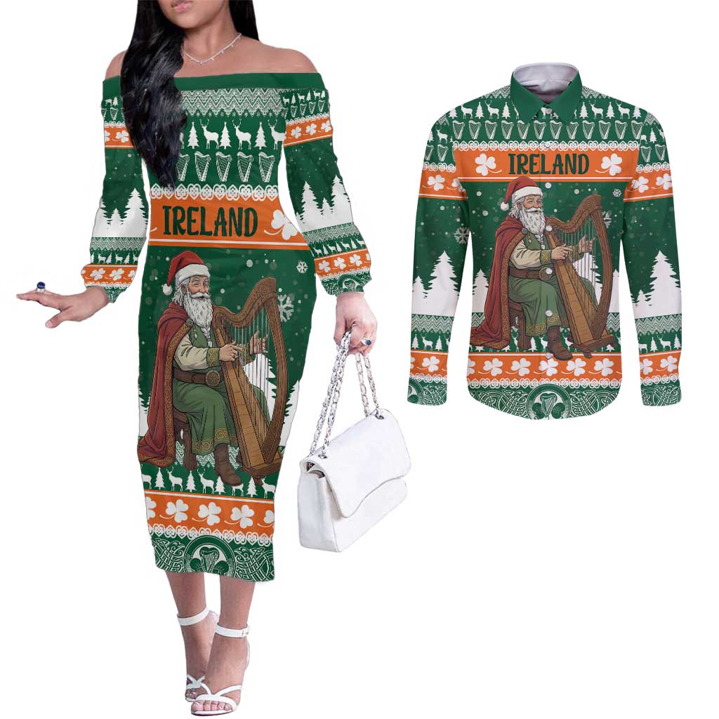 Ireland Christmas Personalized Couples Matching Off The Shoulder Long Sleeve Dress and Long Sleeve Button Shirt Daidi na Nollag With Irish Harp - Wonder Print Shop
