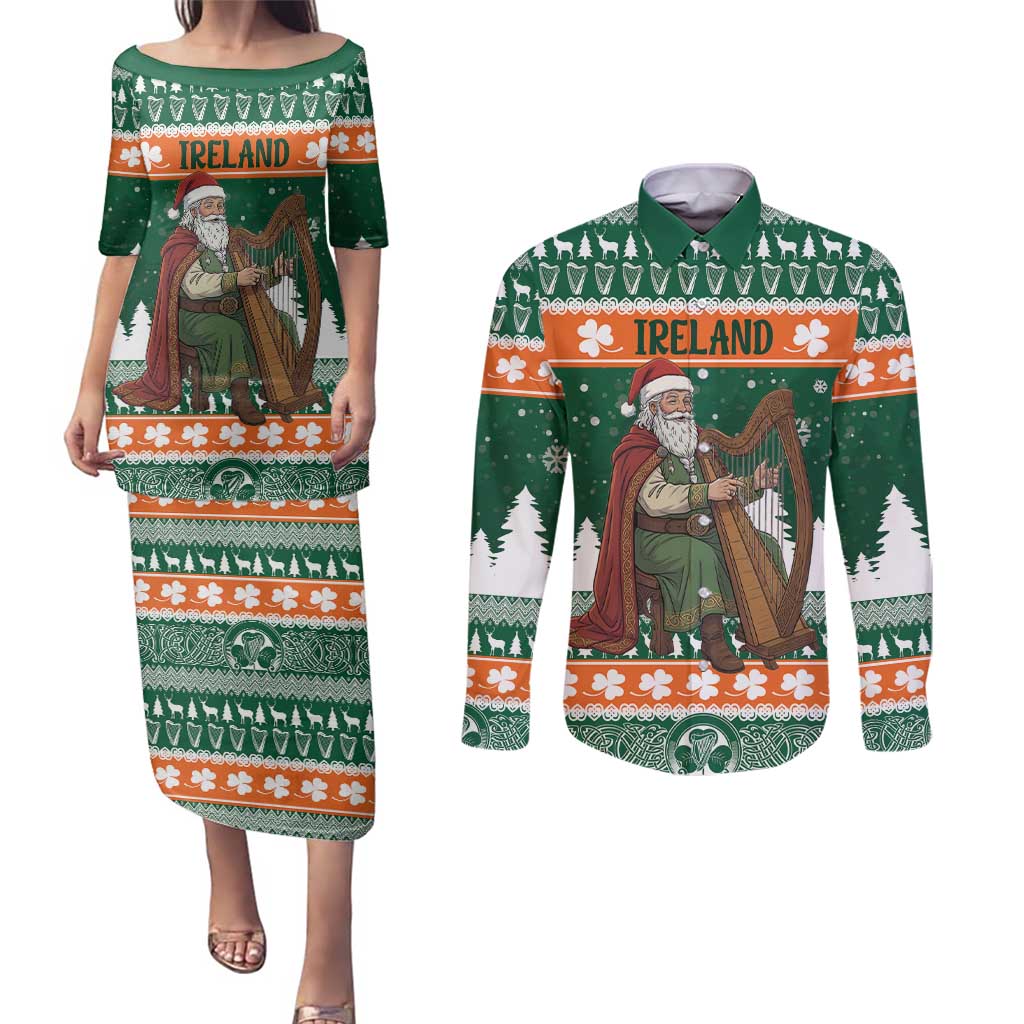 Ireland Christmas Personalized Couples Matching Puletasi and Long Sleeve Button Shirt Daidi na Nollag With Irish Harp - Wonder Print Shop