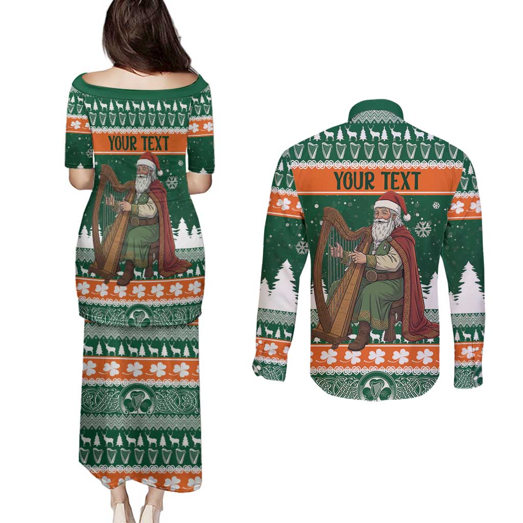 Ireland Christmas Personalized Couples Matching Puletasi and Long Sleeve Button Shirt Daidi na Nollag With Irish Harp - Wonder Print Shop