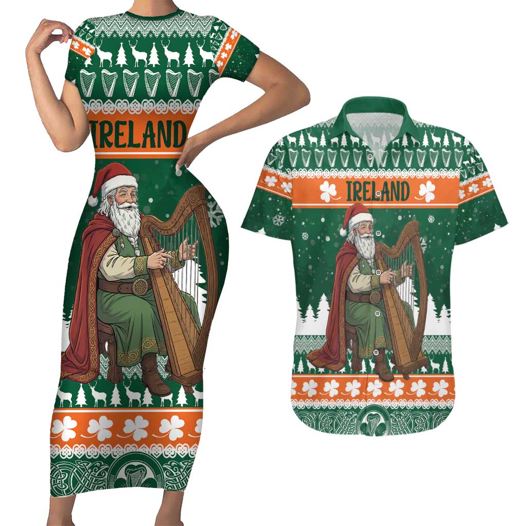 Ireland Christmas Personalized Couples Matching Short Sleeve Bodycon Dress and Hawaiian Shirt Daidi na Nollag With Irish Harp - Wonder Print Shop