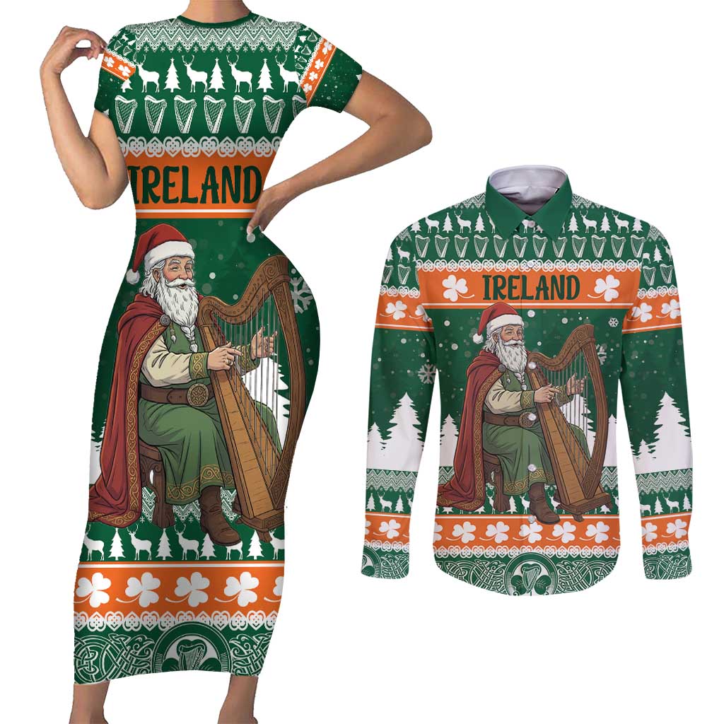 Ireland Christmas Personalized Couples Matching Short Sleeve Bodycon Dress and Long Sleeve Button Shirt Daidi na Nollag With Irish Harp - Wonder Print Shop