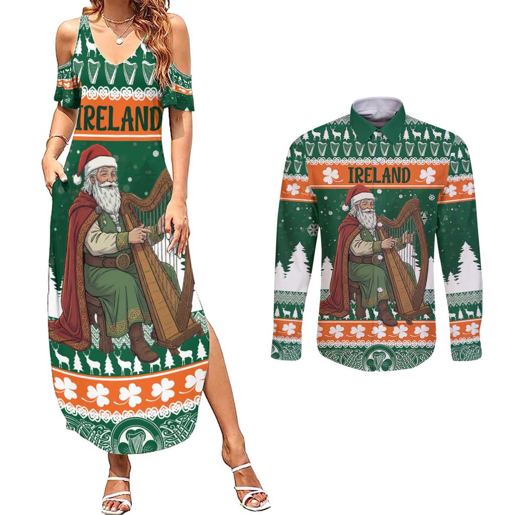 Ireland Christmas Personalized Couples Matching Summer Maxi Dress and Long Sleeve Button Shirt Daidi na Nollag With Irish Harp - Wonder Print Shop