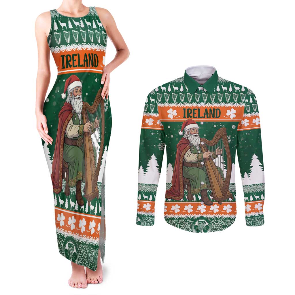Ireland Christmas Personalized Couples Matching Tank Maxi Dress and Long Sleeve Button Shirt Daidi na Nollag With Irish Harp - Wonder Print Shop