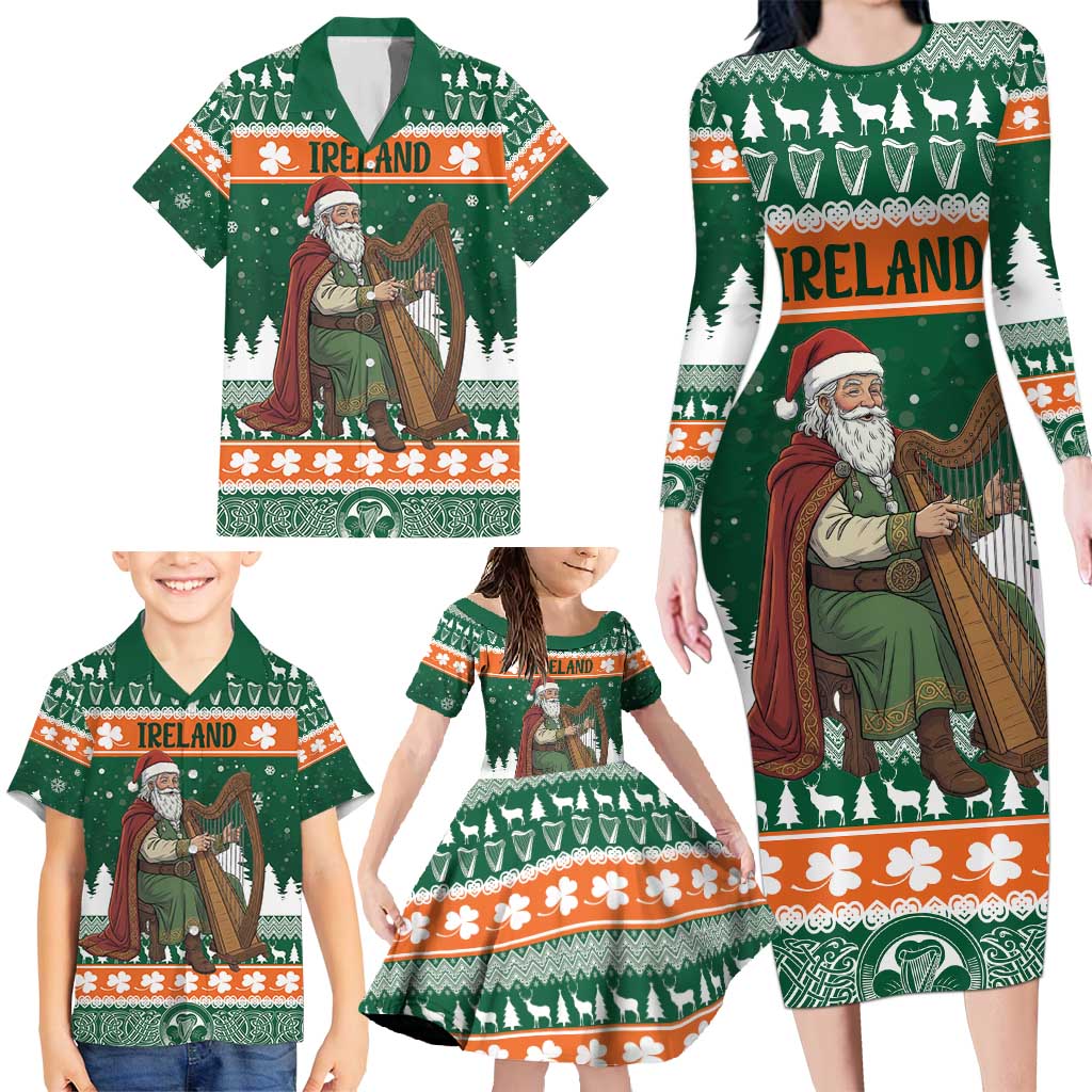 Ireland Christmas Personalized Family Matching Long Sleeve Bodycon Dress and Hawaiian Shirt Daidi na Nollag With Irish Harp - Wonder Print Shop