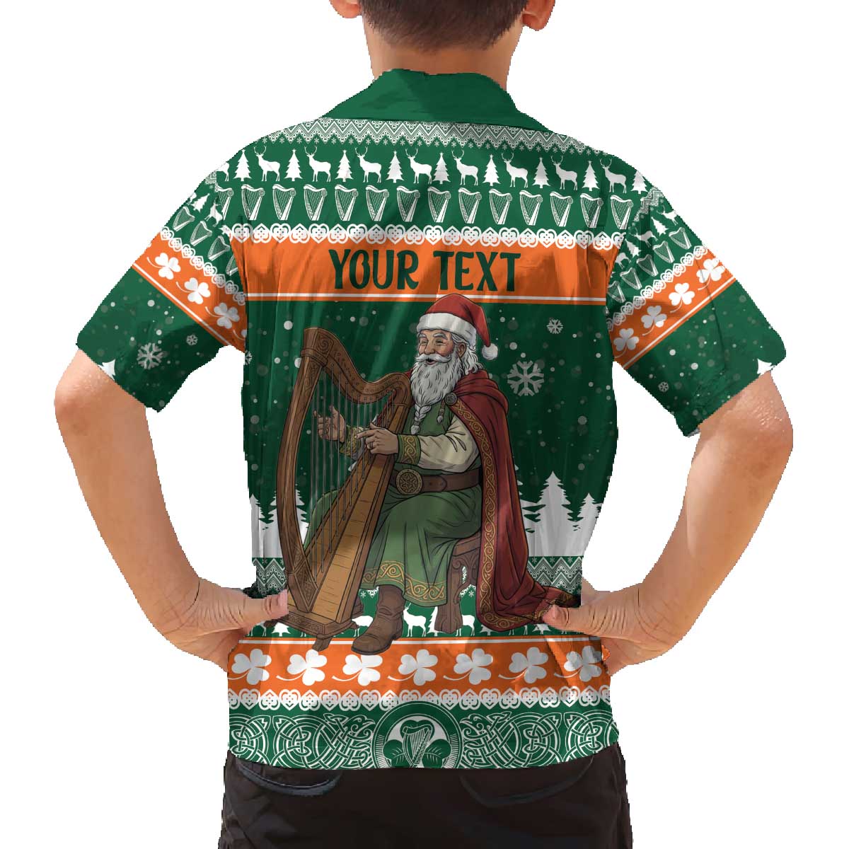 Ireland Christmas Personalized Family Matching Off The Shoulder Long Sleeve Dress and Hawaiian Shirt Daidi na Nollag With Irish Harp - Wonder Print Shop