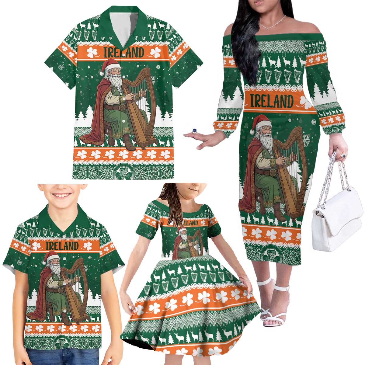 Ireland Christmas Personalized Family Matching Off The Shoulder Long Sleeve Dress and Hawaiian Shirt Daidi na Nollag With Irish Harp - Wonder Print Shop