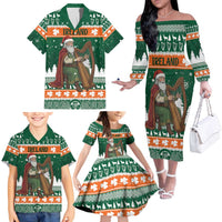 Ireland Christmas Personalized Family Matching Off The Shoulder Long Sleeve Dress and Hawaiian Shirt Daidi na Nollag With Irish Harp - Wonder Print Shop