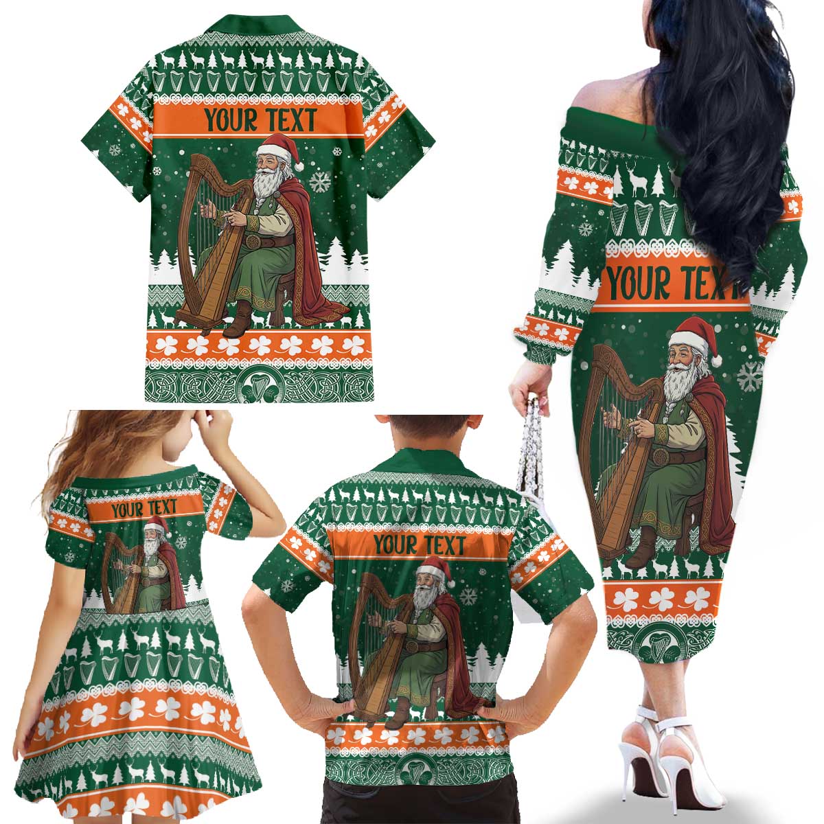 Ireland Christmas Personalized Family Matching Off The Shoulder Long Sleeve Dress and Hawaiian Shirt Daidi na Nollag With Irish Harp - Wonder Print Shop