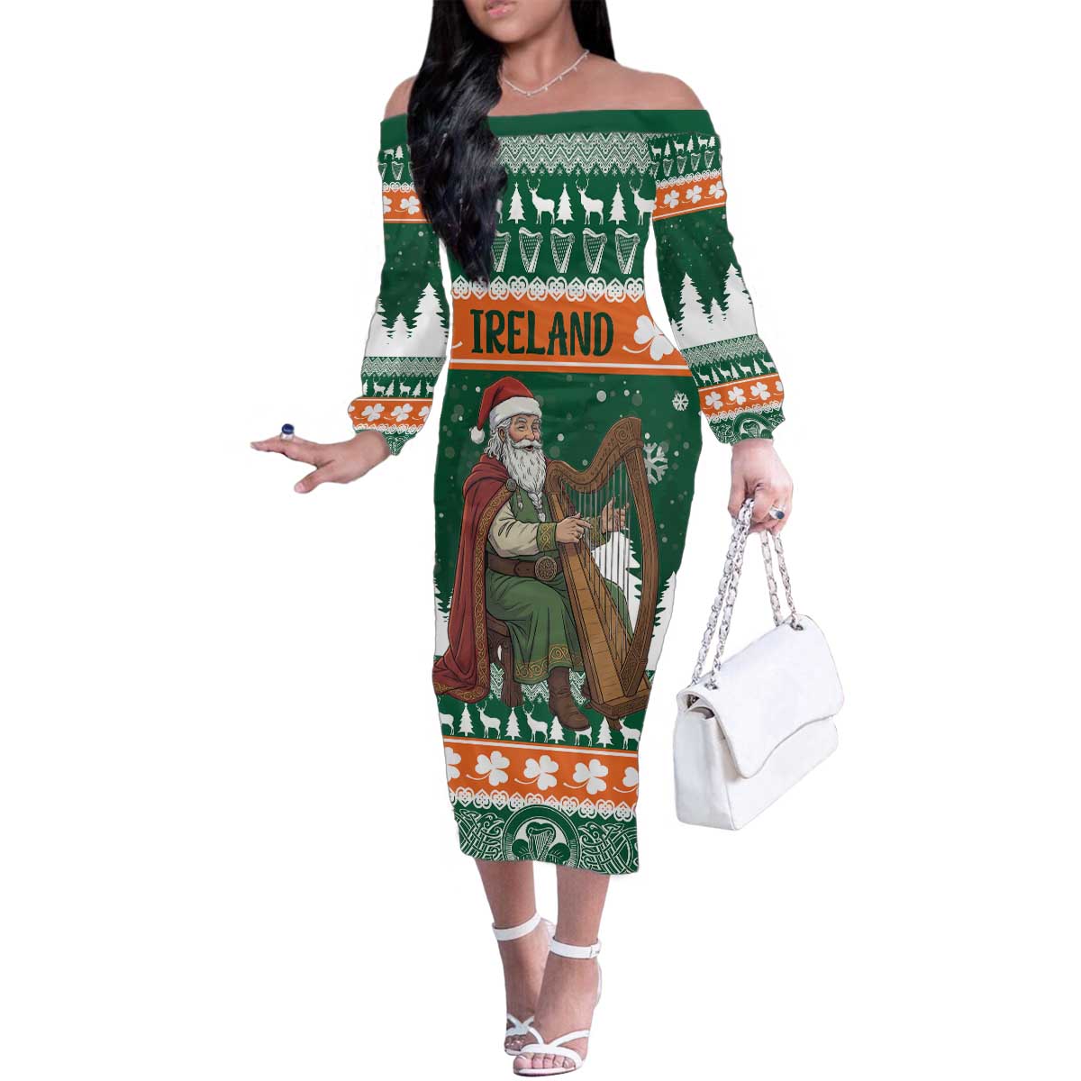 Ireland Christmas Personalized Family Matching Off The Shoulder Long Sleeve Dress and Hawaiian Shirt Daidi na Nollag With Irish Harp - Wonder Print Shop