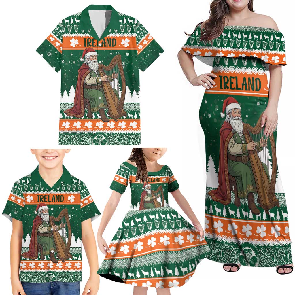 Ireland Christmas Personalized Family Matching Off Shoulder Maxi Dress and Hawaiian Shirt Daidi na Nollag With Irish Harp - Wonder Print Shop