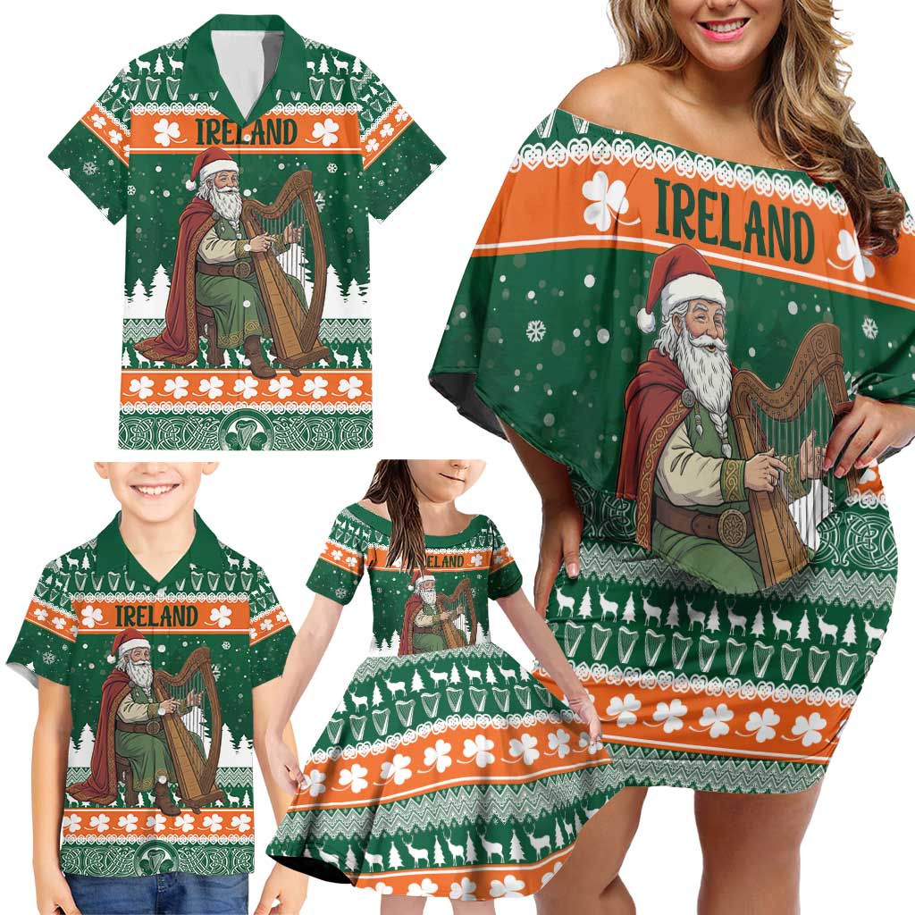 Ireland Christmas Personalized Family Matching Off Shoulder Short Dress and Hawaiian Shirt Daidi na Nollag With Irish Harp - Wonder Print Shop