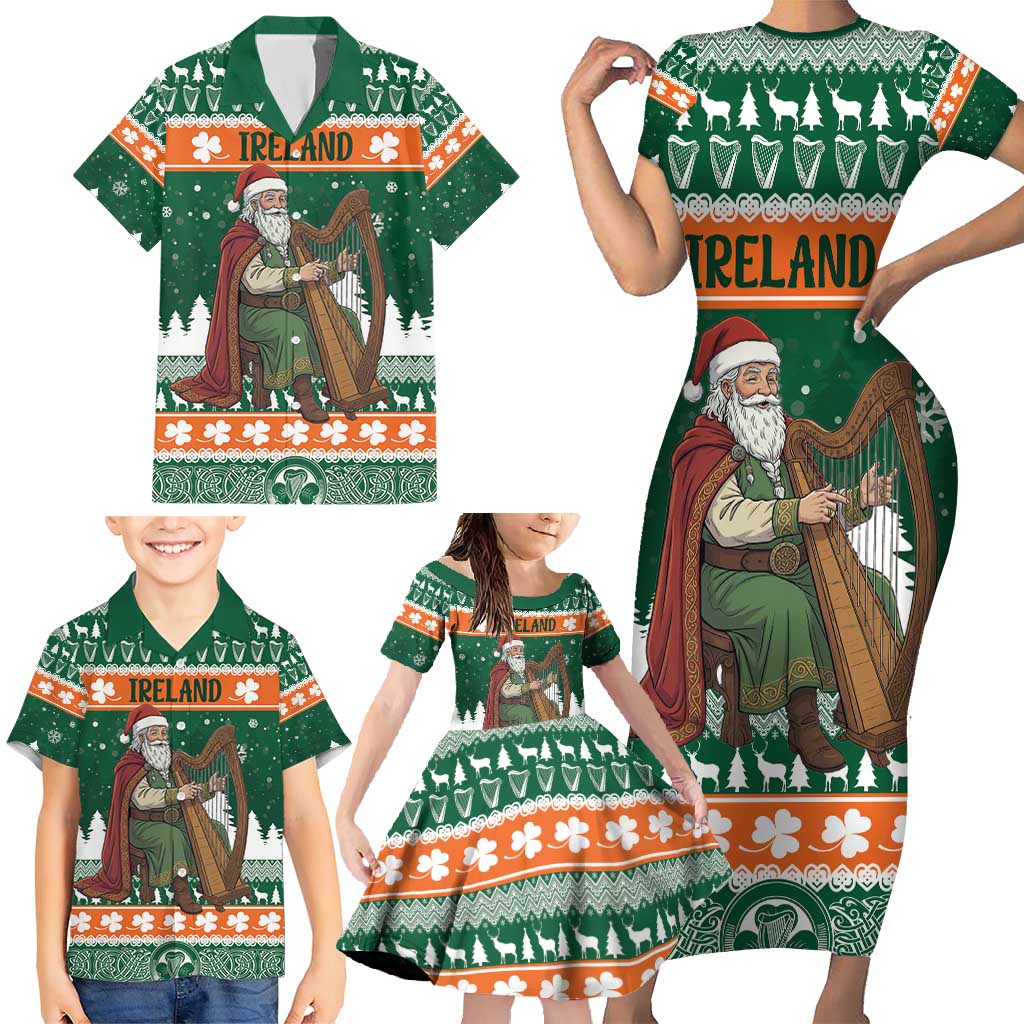 Ireland Christmas Personalized Family Matching Short Sleeve Bodycon Dress and Hawaiian Shirt Daidi na Nollag With Irish Harp - Wonder Print Shop