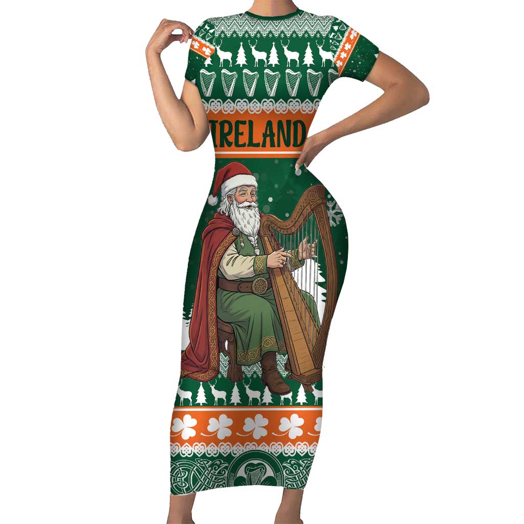 Ireland Christmas Personalized Family Matching Short Sleeve Bodycon Dress and Hawaiian Shirt Daidi na Nollag With Irish Harp - Wonder Print Shop