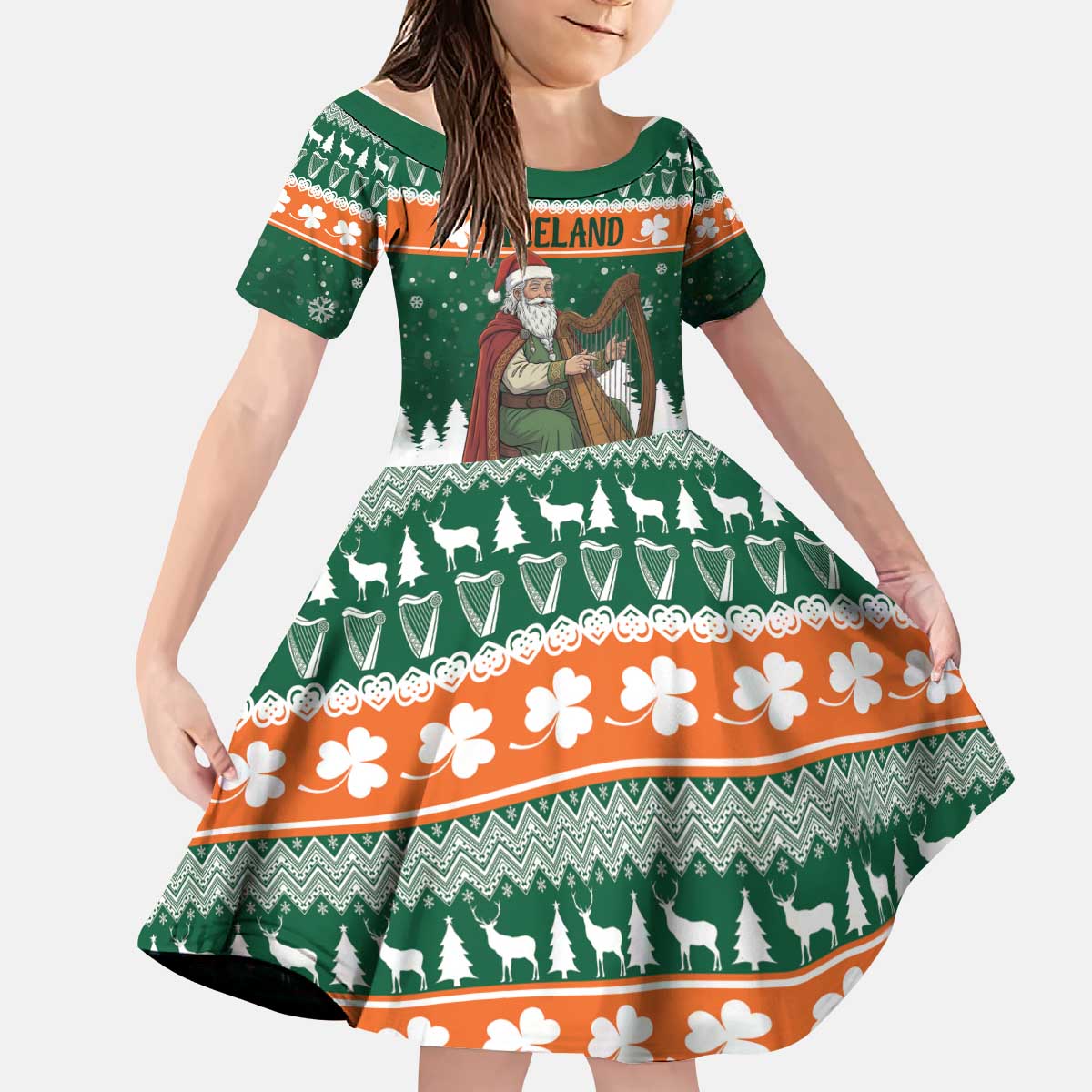Ireland Christmas Personalized Kid Short Sleeve Dress Daidi na Nollag With Irish Harp - Wonder Print Shop