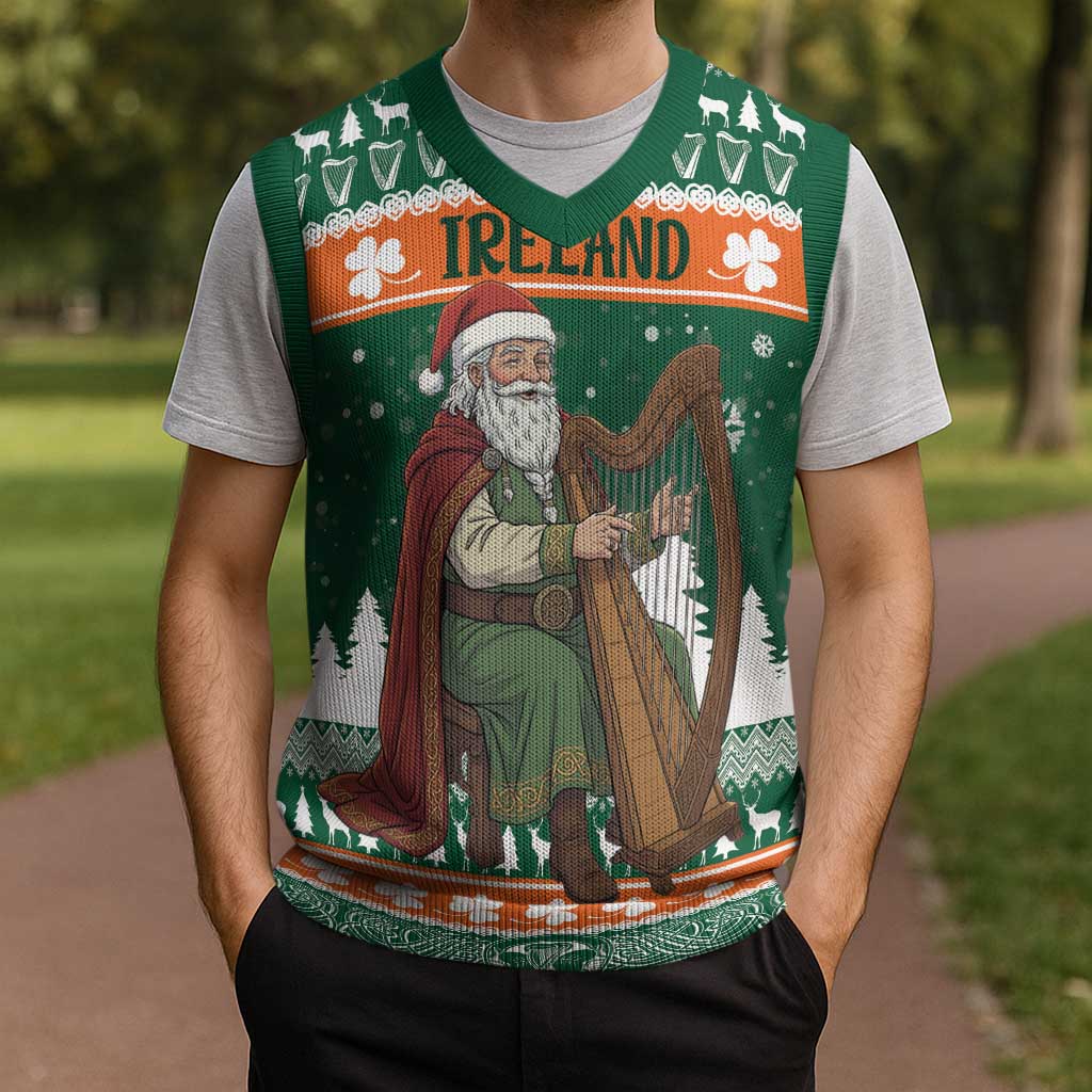 Ireland Christmas Personalized Christmas Knitted V-Neck Vest Daidi na Nollag With Irish Harp - Wonder Print Shop