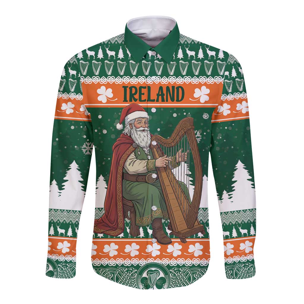 Ireland Christmas Personalized Long Sleeve Button Shirt Daidi na Nollag With Irish Harp - Wonder Print Shop