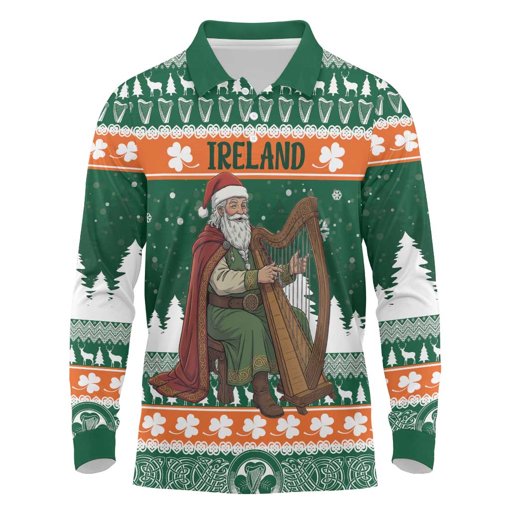 Ireland Christmas Personalized Long Sleeve Polo Shirt Daidi na Nollag With Irish Harp - Wonder Print Shop