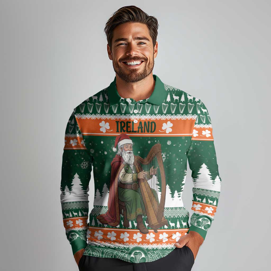 Ireland Christmas Personalized Long Sleeve Polo Shirt Daidi na Nollag With Irish Harp - Wonder Print Shop