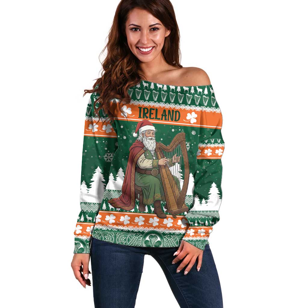Ireland Christmas Personalized Off Shoulder Sweater Daidi na Nollag With Irish Harp - Wonder Print Shop