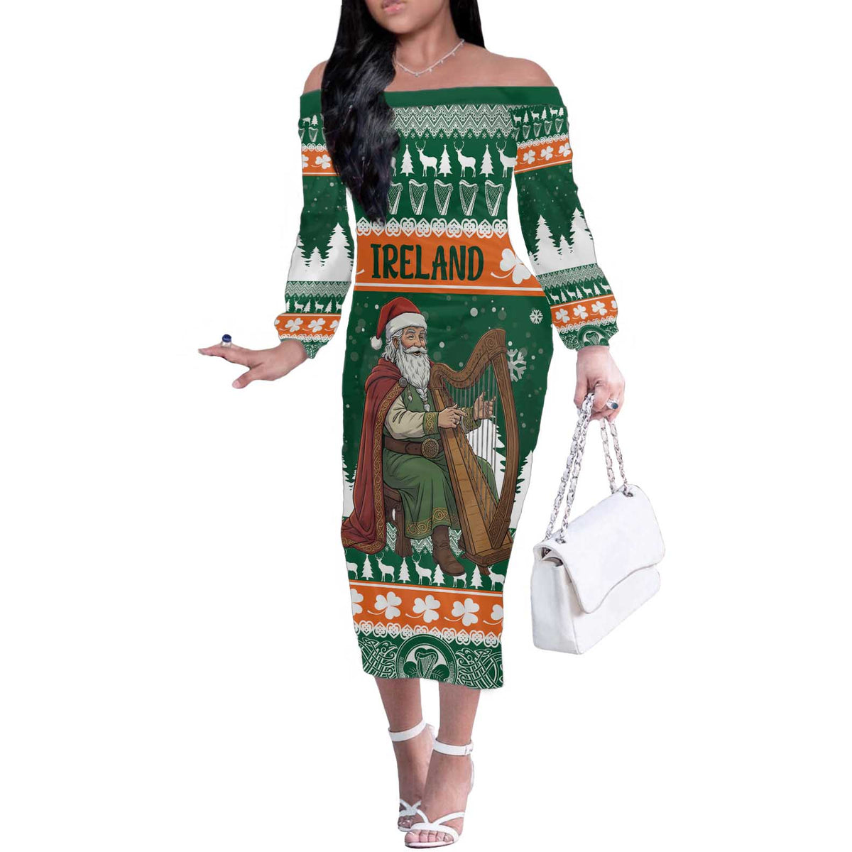 Ireland Christmas Personalized Off The Shoulder Long Sleeve Dress Daidi na Nollag With Irish Harp - Wonder Print Shop