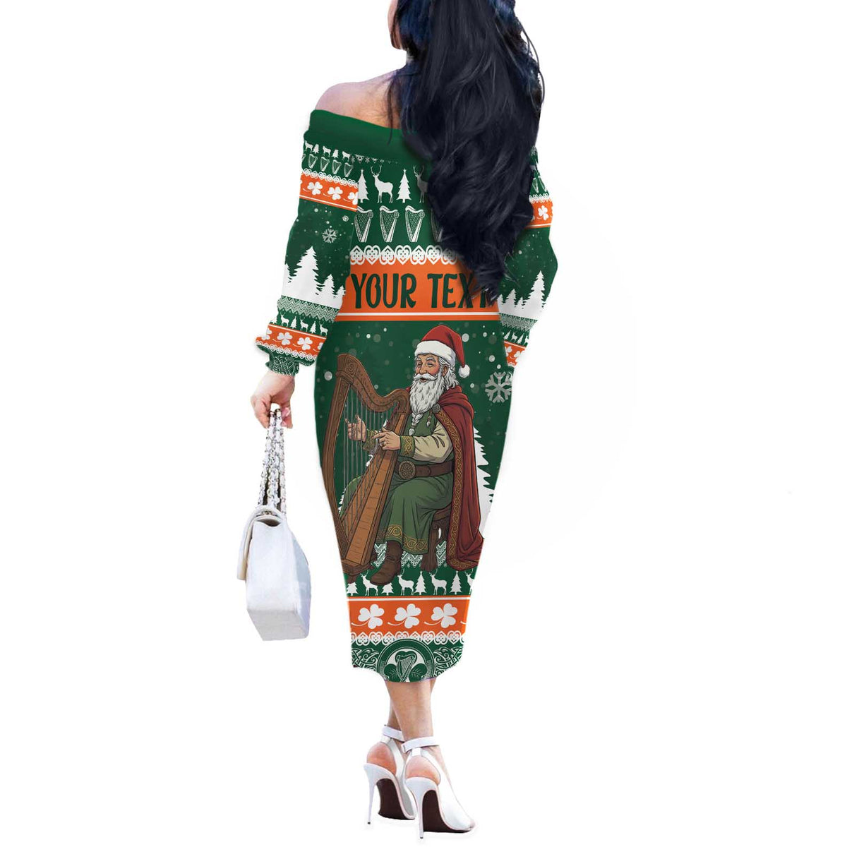 Ireland Christmas Personalized Off The Shoulder Long Sleeve Dress Daidi na Nollag With Irish Harp - Wonder Print Shop