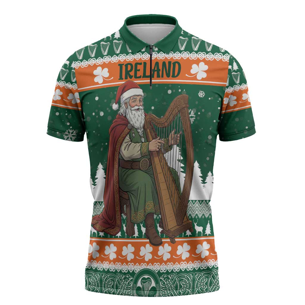 Ireland Christmas Personalized Zipper Polo Shirt Daidi na Nollag With Irish Harp - Wonder Print Shop