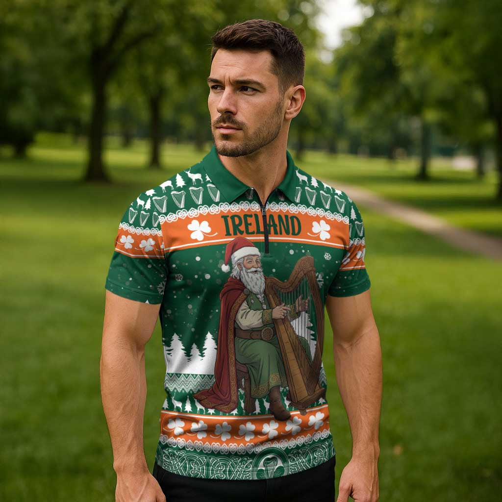 Ireland Christmas Personalized Zipper Polo Shirt Daidi na Nollag With Irish Harp - Wonder Print Shop