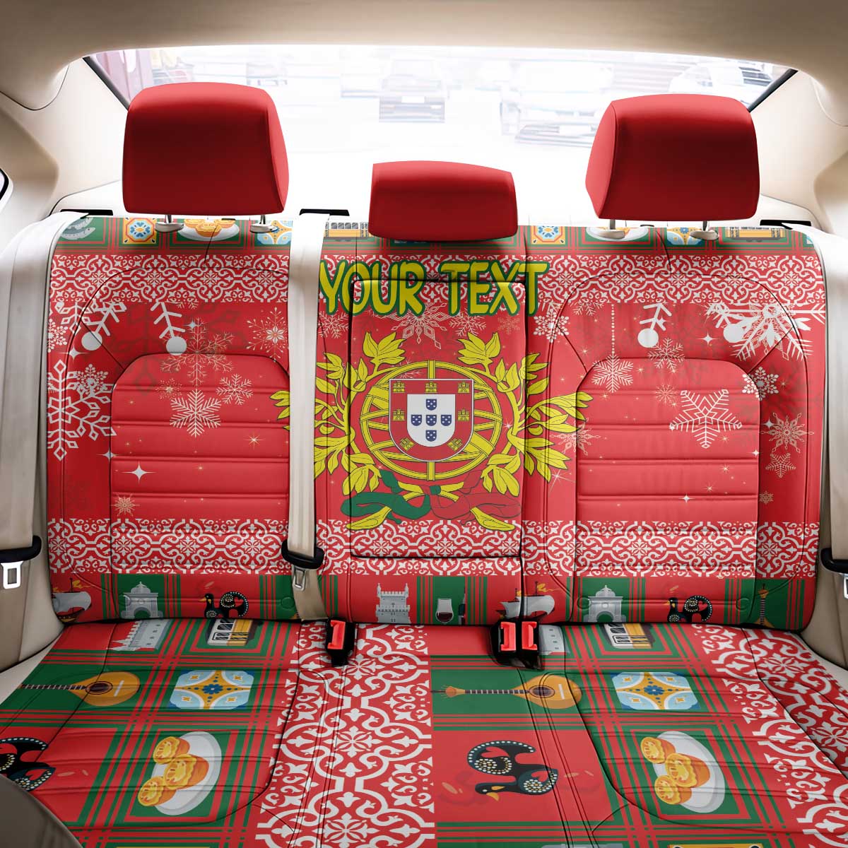 Personalized Portugal Christmas Back Car Seat Cover Coat Of Arms - Feliz Natal - Wonder Print Shop
