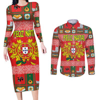 Personalized Portugal Christmas Couples Matching Long Sleeve Bodycon Dress and Long Sleeve Button Shirt Coat Of Arms - Feliz Natal - Wonder Print Shop