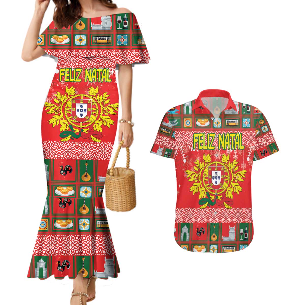 Personalized Portugal Christmas Couples Matching Mermaid Dress and Hawaiian Shirt Coat Of Arms - Feliz Natal - Wonder Print Shop